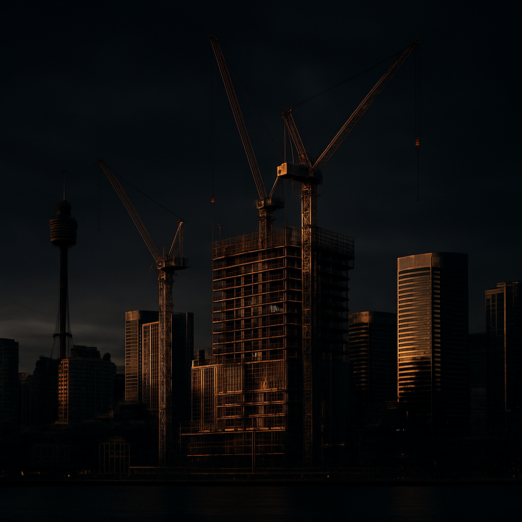 Sydney skyline with tower cranes and commercial construction at dusk